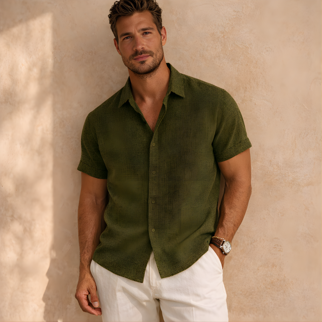 Men's Linen Short Sleeve Button-Up Shirt for Casual Wear