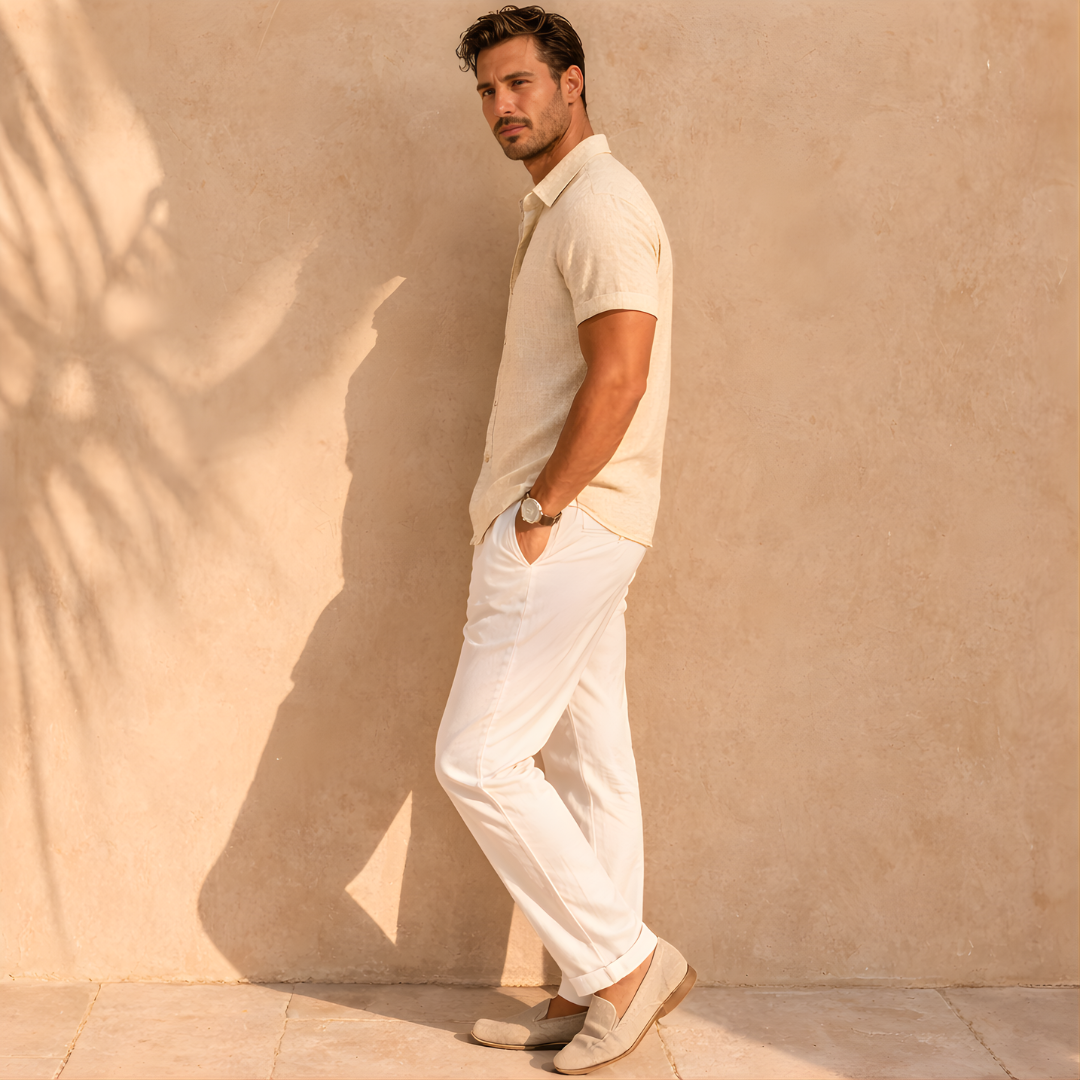 Men's Linen Short Sleeve Button-Up Shirt for Casual Wear