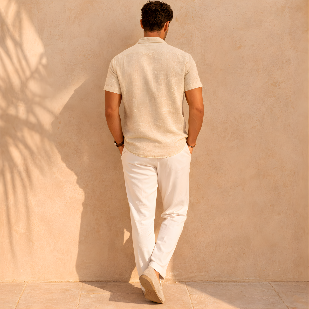 Men's Linen Short Sleeve Button-Up Shirt for Casual Wear