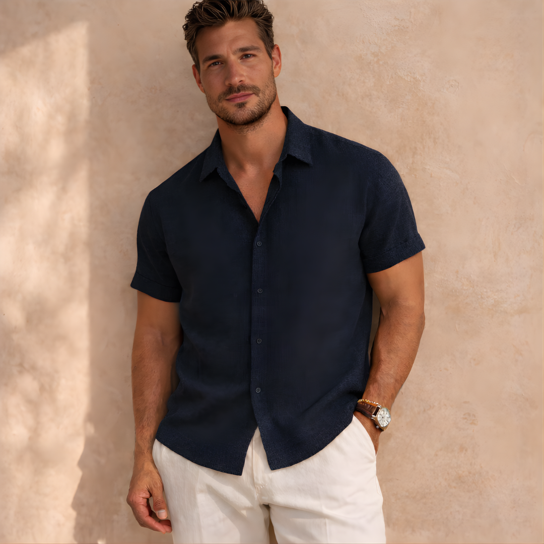 Men's Linen Short Sleeve Button-Up Shirt for Casual Wear