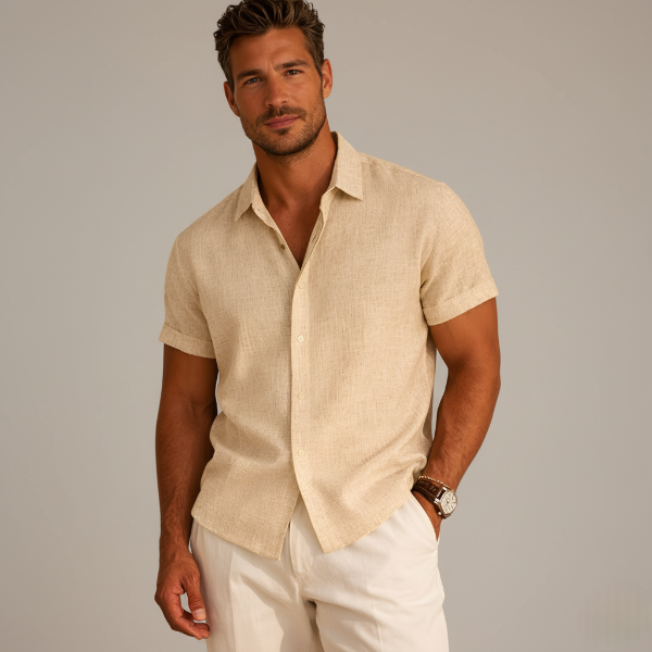 Men's Linen Short Sleeve Button-Up Shirt for Casual Wear