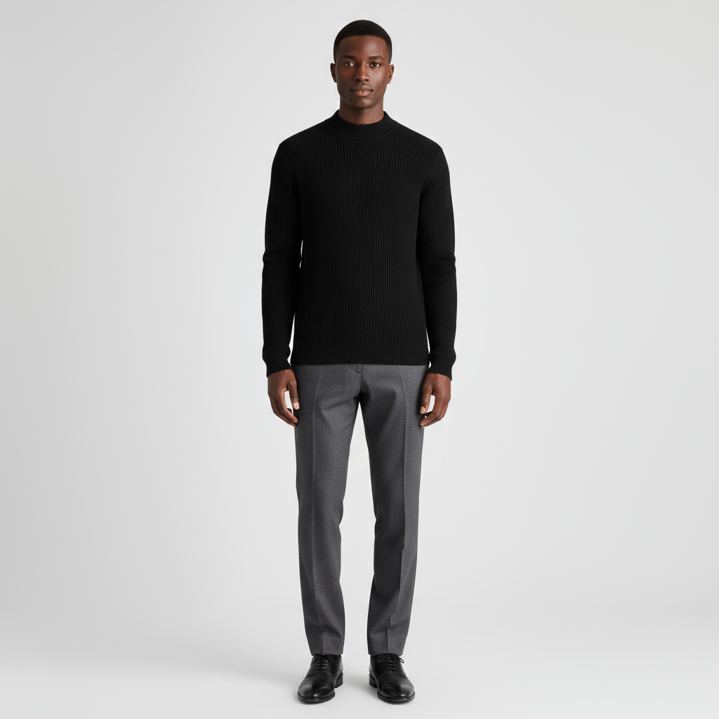 Men's Merino Wool Mock Neck Knit Jumper with Ribbed Trims for Casual Wear
