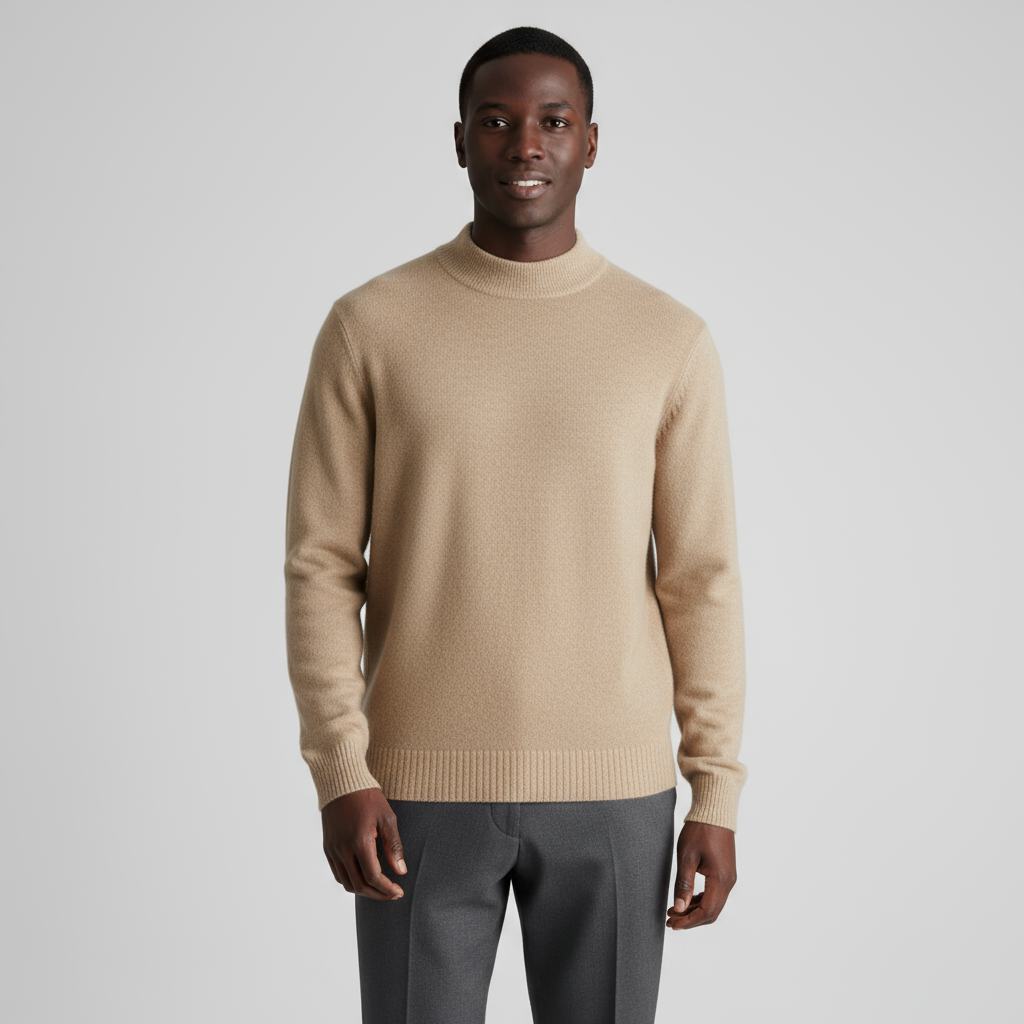 Men's Merino Wool Mock Neck Knit Jumper with Ribbed Trims for Casual Wear