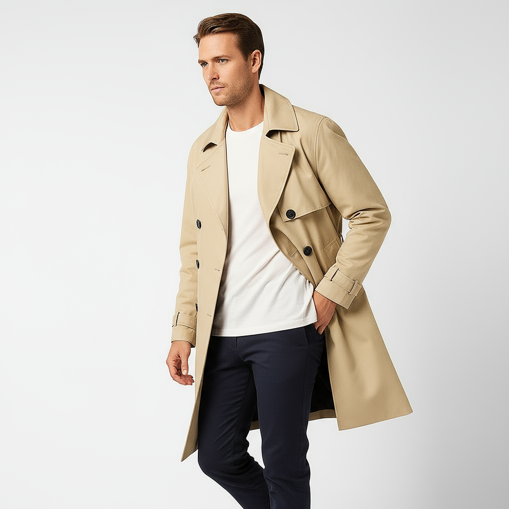 Men's Waterproof Trench Coat - Double-Front Design with Belt and Wide Lapels for Performance and Style