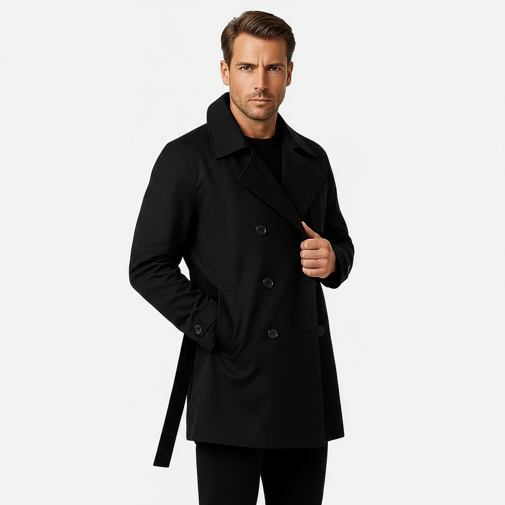 Men's Waterproof Trench Coat - Double-Front Design with Belt and Wide Lapels for Performance and Style